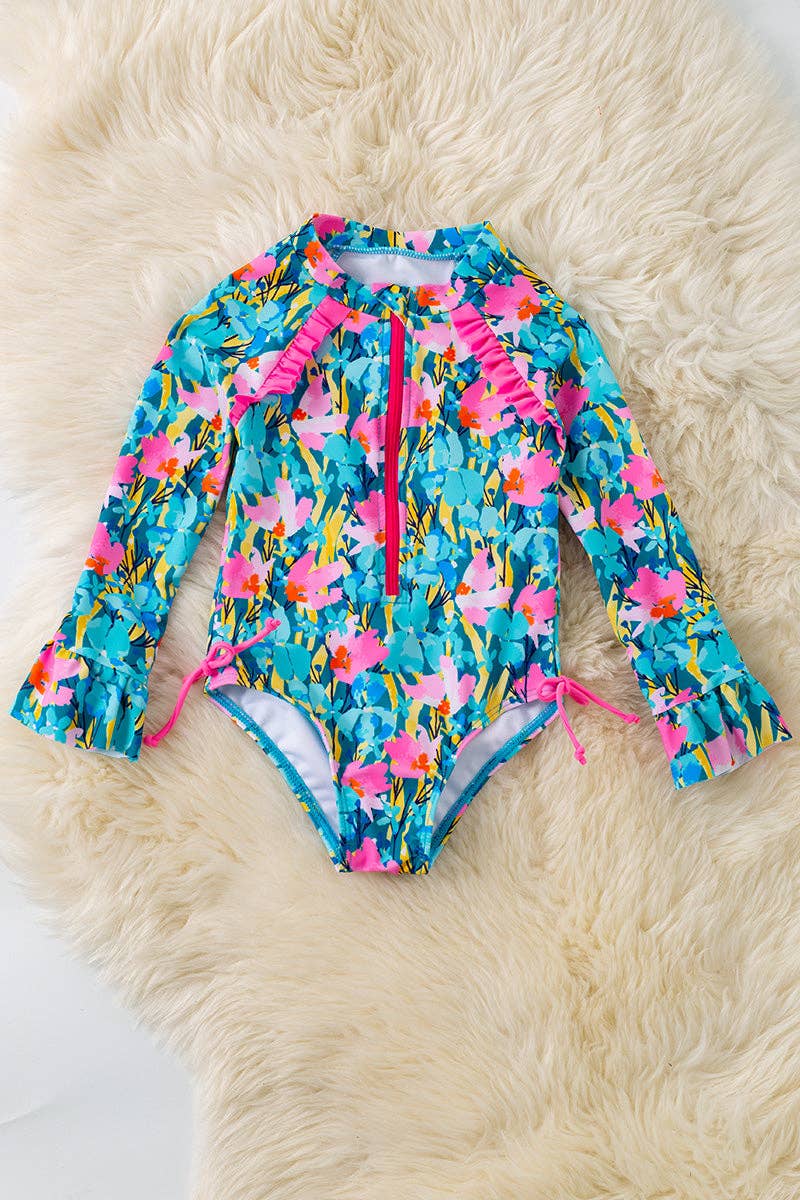 Pink & Teal Floral Printed Swimsuit w/ Front Zipper