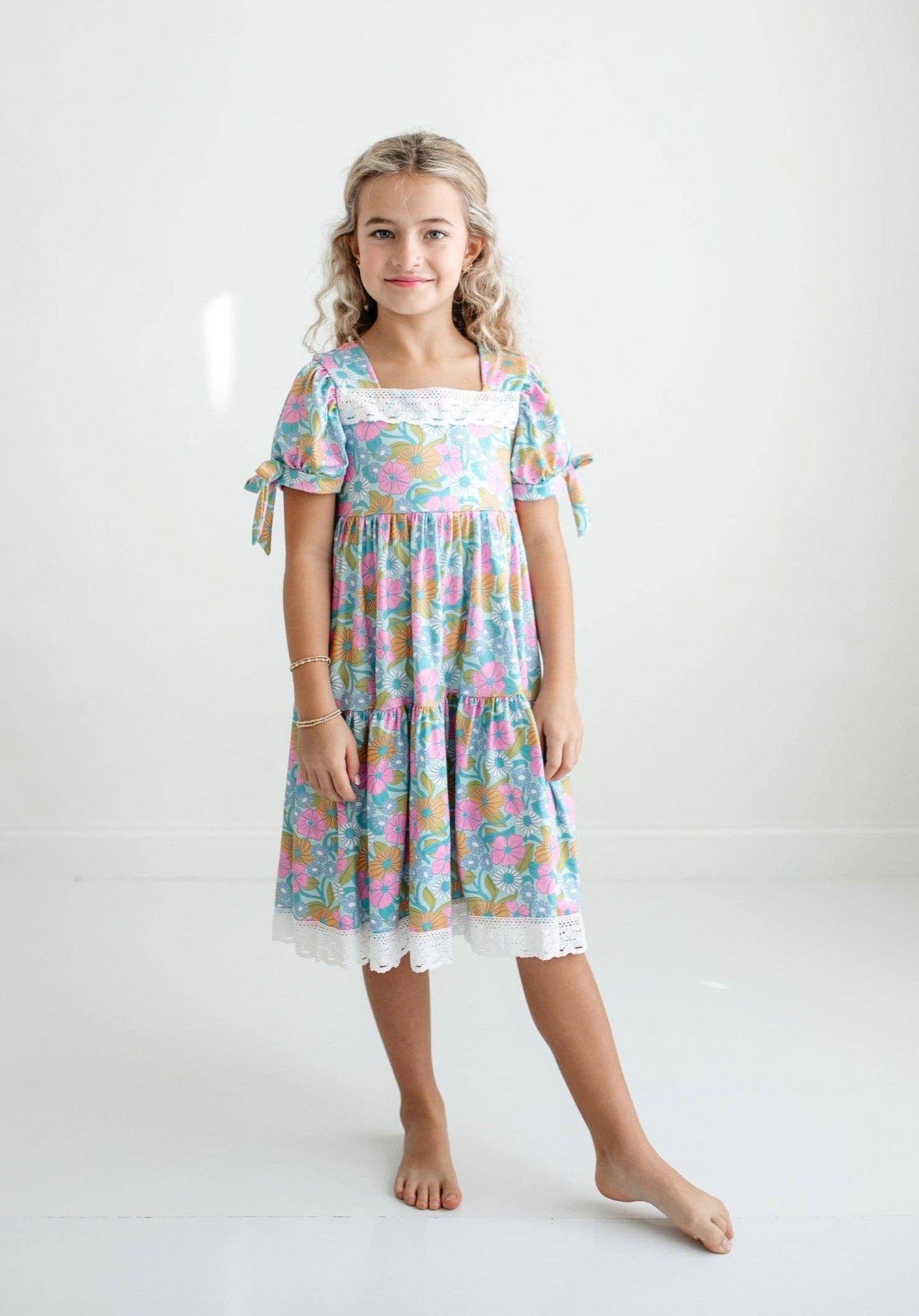 Kids Vintage Floral & Lace Tiered Square Neck Spring Dress