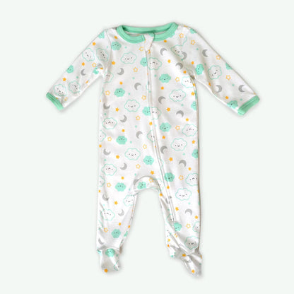 Cloud Sun Star Moon Pattern Zipper Footie Pajamas