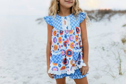 Girls Periwinkle Check Flower Power Spring Summer Short Set
