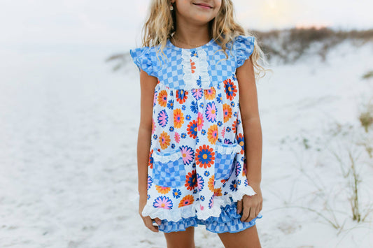 Girls Periwinkle Check Flower Power Spring Summer Short Set