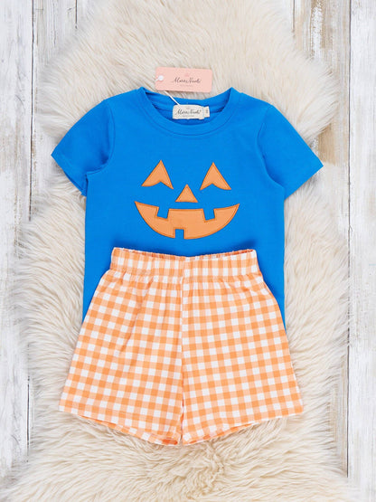 Jack-O-Lantern Embroidered Gingham Outfit