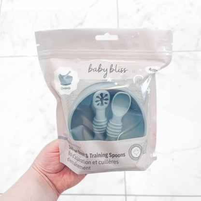 Suction Bowl & Training Spoons - Dusty Teal