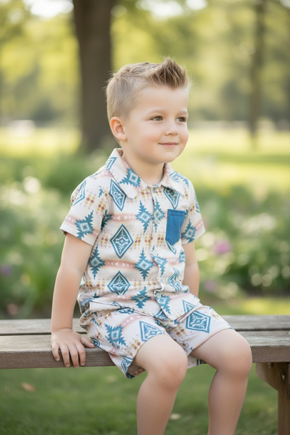 Teal Aztec on Cream Button Up Set