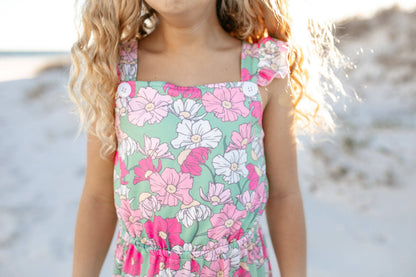 Kids Mint & Pink Flower Button Ruffle Summer Pocket Jumpsuit