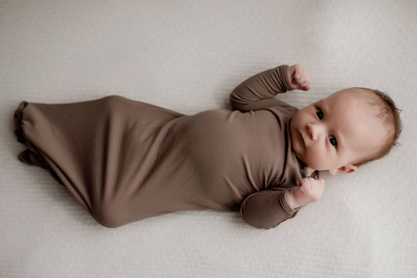 Cocoa Brown Ribbed Knotted Newborn Baby Gown & Bow
