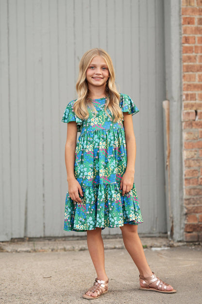 Kids Emmy Green Floral Flutter Sleeve Twirl Spring Dress