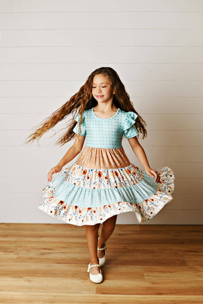 Girls Fall Ava Teal Beige Floral Dot Tiered Twirl Dress: 5/6