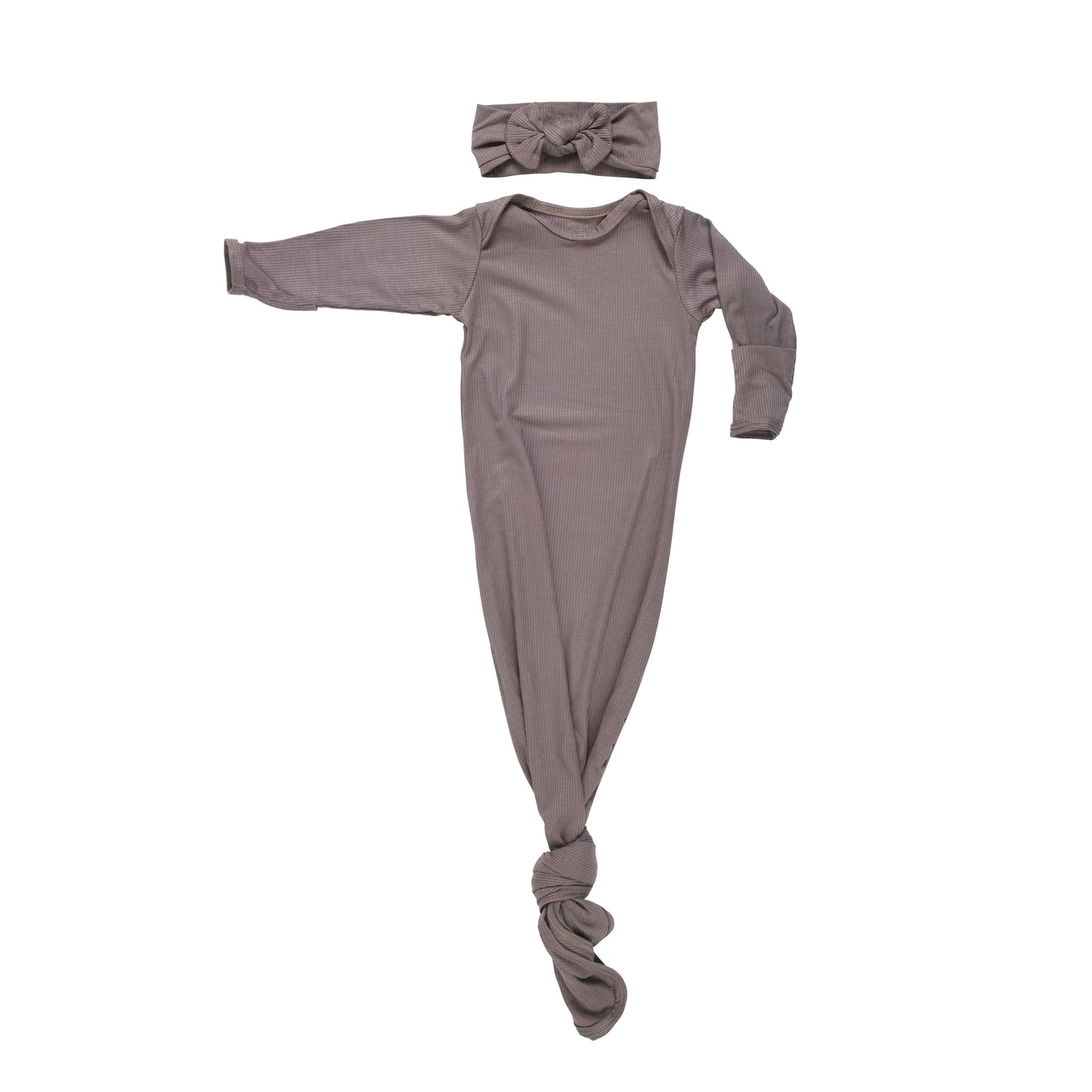 Cocoa Brown Ribbed Knotted Newborn Baby Gown & Bow