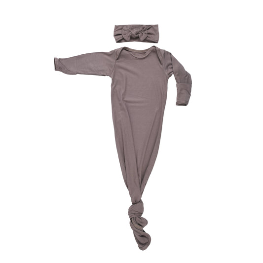 Cocoa Brown Ribbed Knotted Newborn Baby Gown & Bow