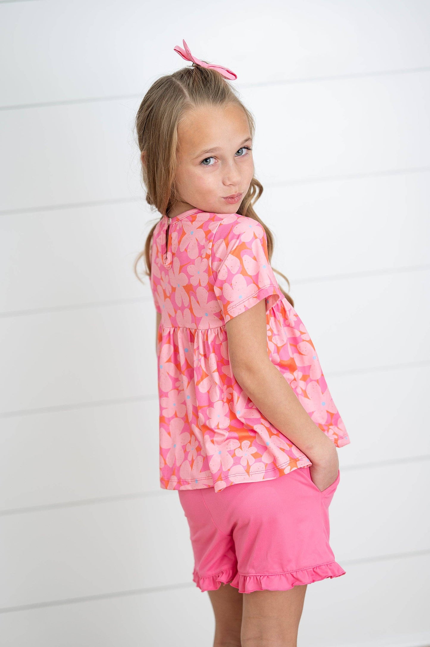 Kids Brynn Pink Floral Pocket Ruffle Spring Summer Short Set