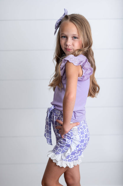 Girls Lavender Lace Checkered Spring Summer Ruffle Short Set