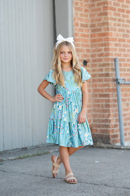 Girls Emma Teal Willow Floral Flutter Sleeve Dress